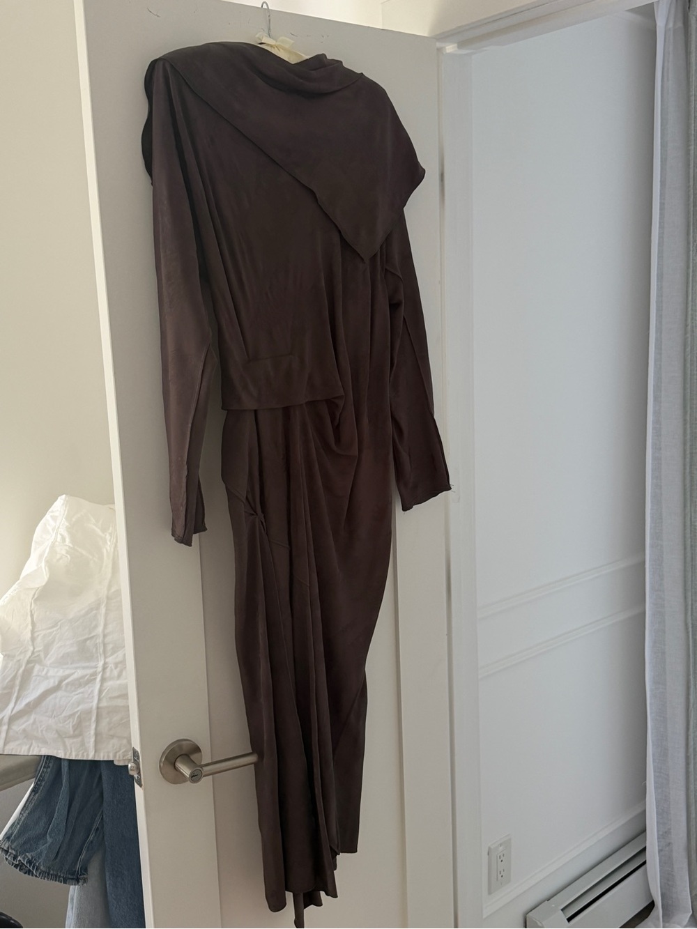 Zara Dark Brown Long-Sleeve Draped Maxi Dress